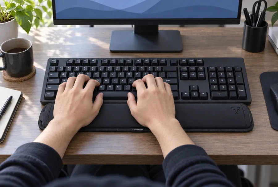 Two hands typing on a full-size keyboard with the CoolWrist sleeve under the wrists.