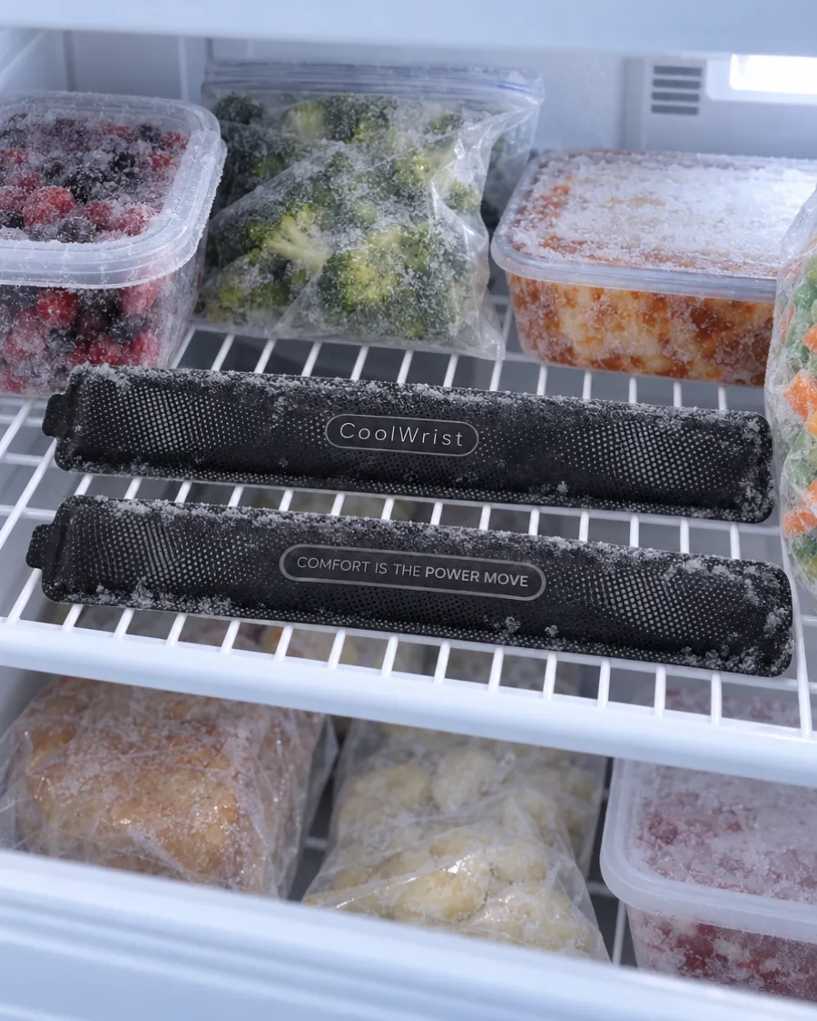 Two CoolWrist gel packs resting on a freezer shelf, frosted over.