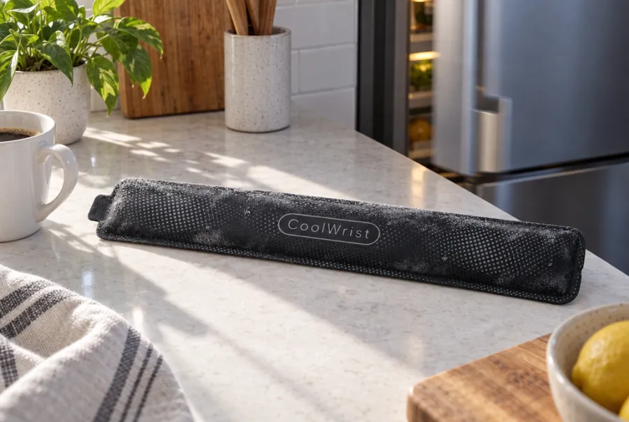 A frosted CoolWrist gel pack on a kitchen counter, its black pull tab at the left end.