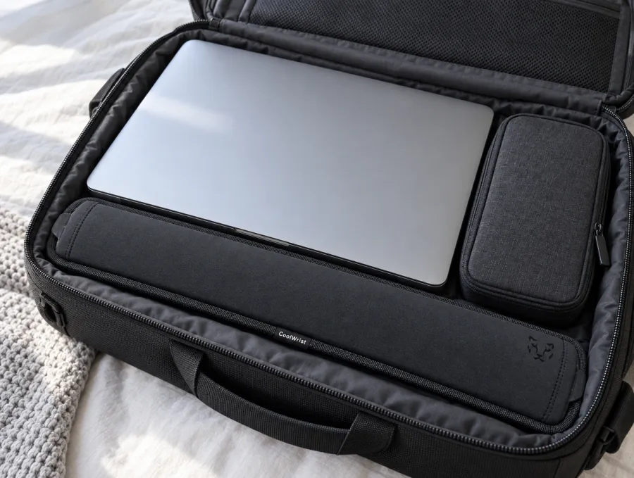 The CoolWrist sleeve packed in a laptop bag beside a laptop.